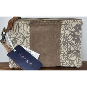 Chloe & Lex Canvas Leather Wristlet Pouch Purse Flower Boho Hippie Zip NWT 9"x6"
